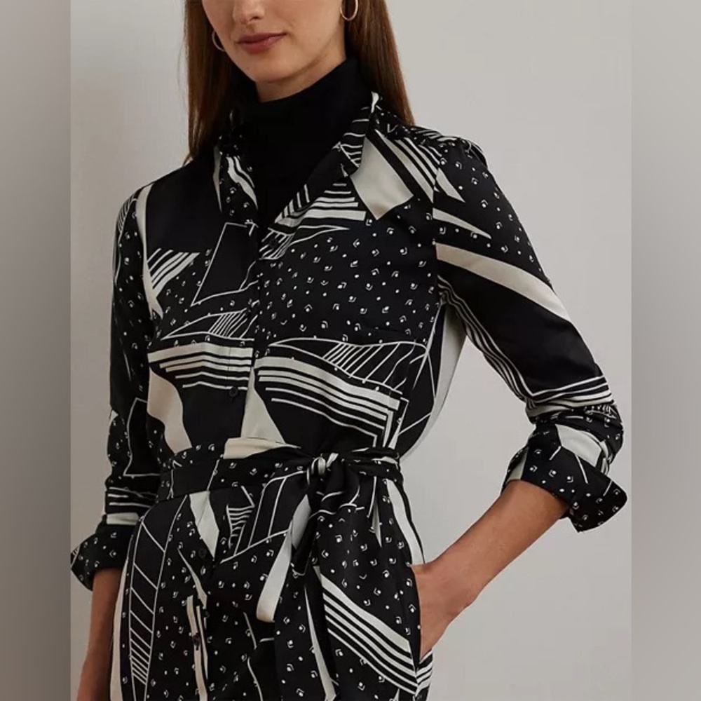NWT Ralph Lauren Geo-Print Belted Sateen Silky Twill Shirtdress Black Cream 18 - Picture 16 of 16